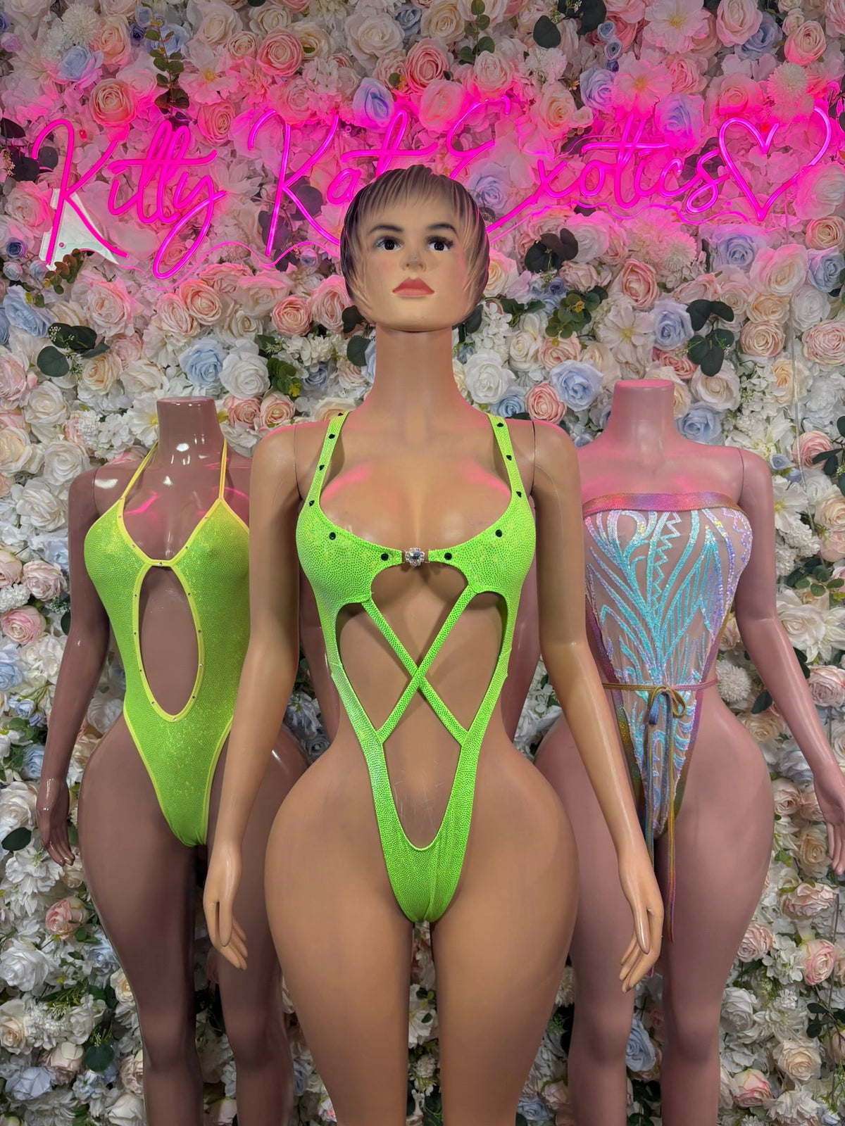 Group photo featuring Neon Green Cutout Rave Bodysuit and coordinating KittyKatExotics rave festival styles