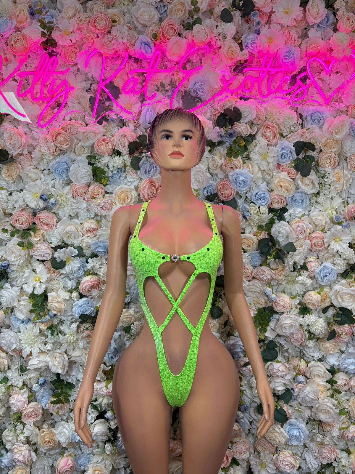 Neon Green Strappy Rave Bodysuit front view