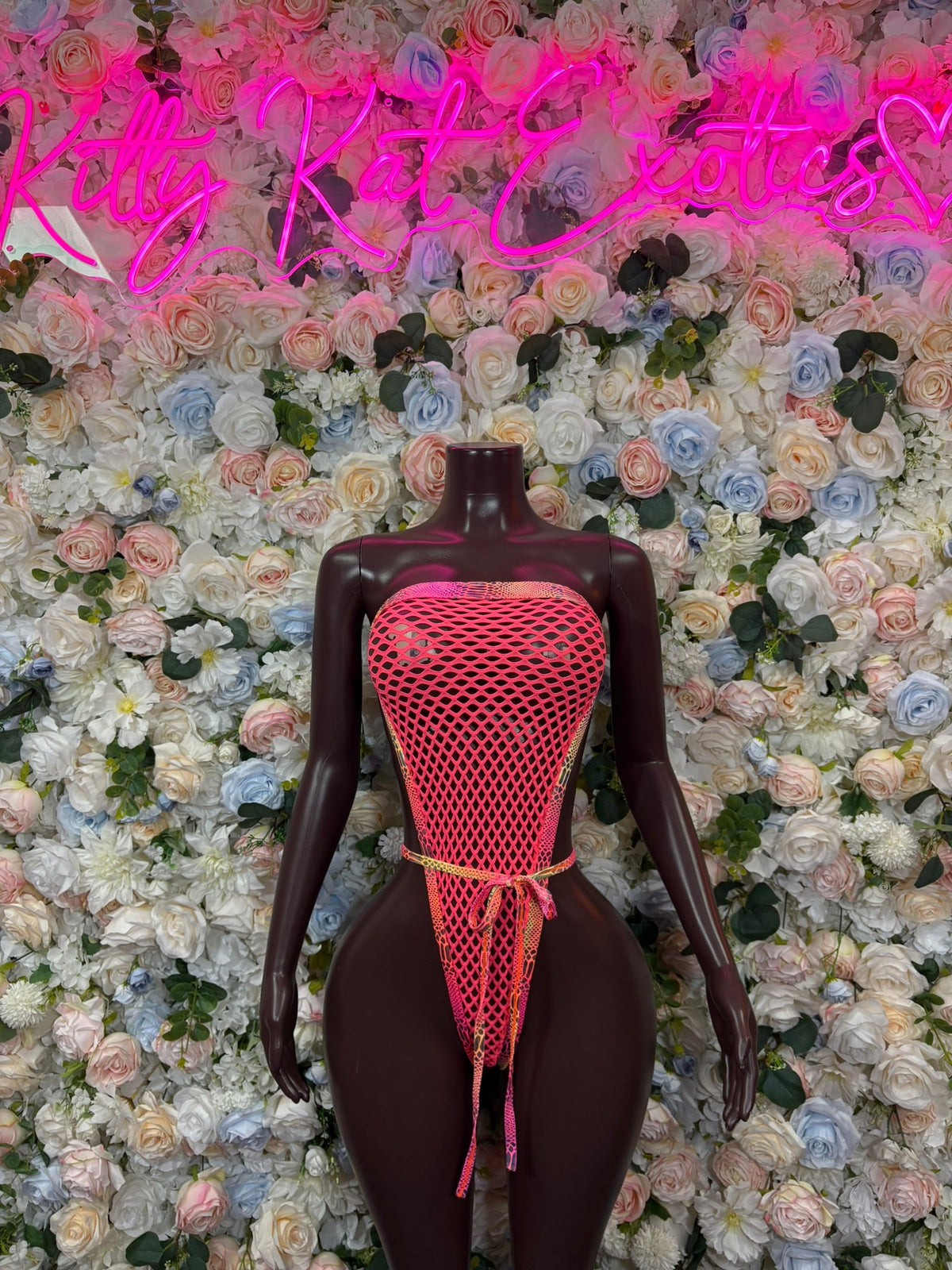 Orange Fishnet Tie Rave Bodysuit front view