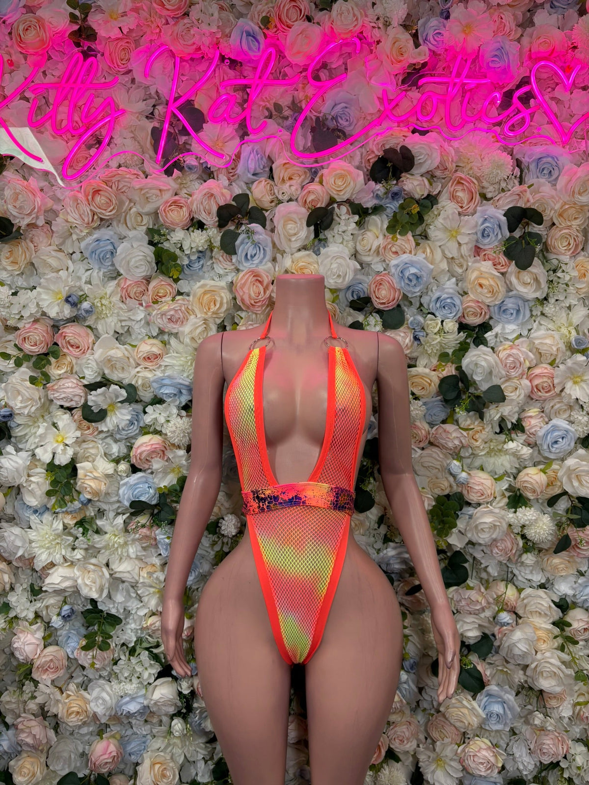 Pink Fishnet Tie Rave Bodysuit front view