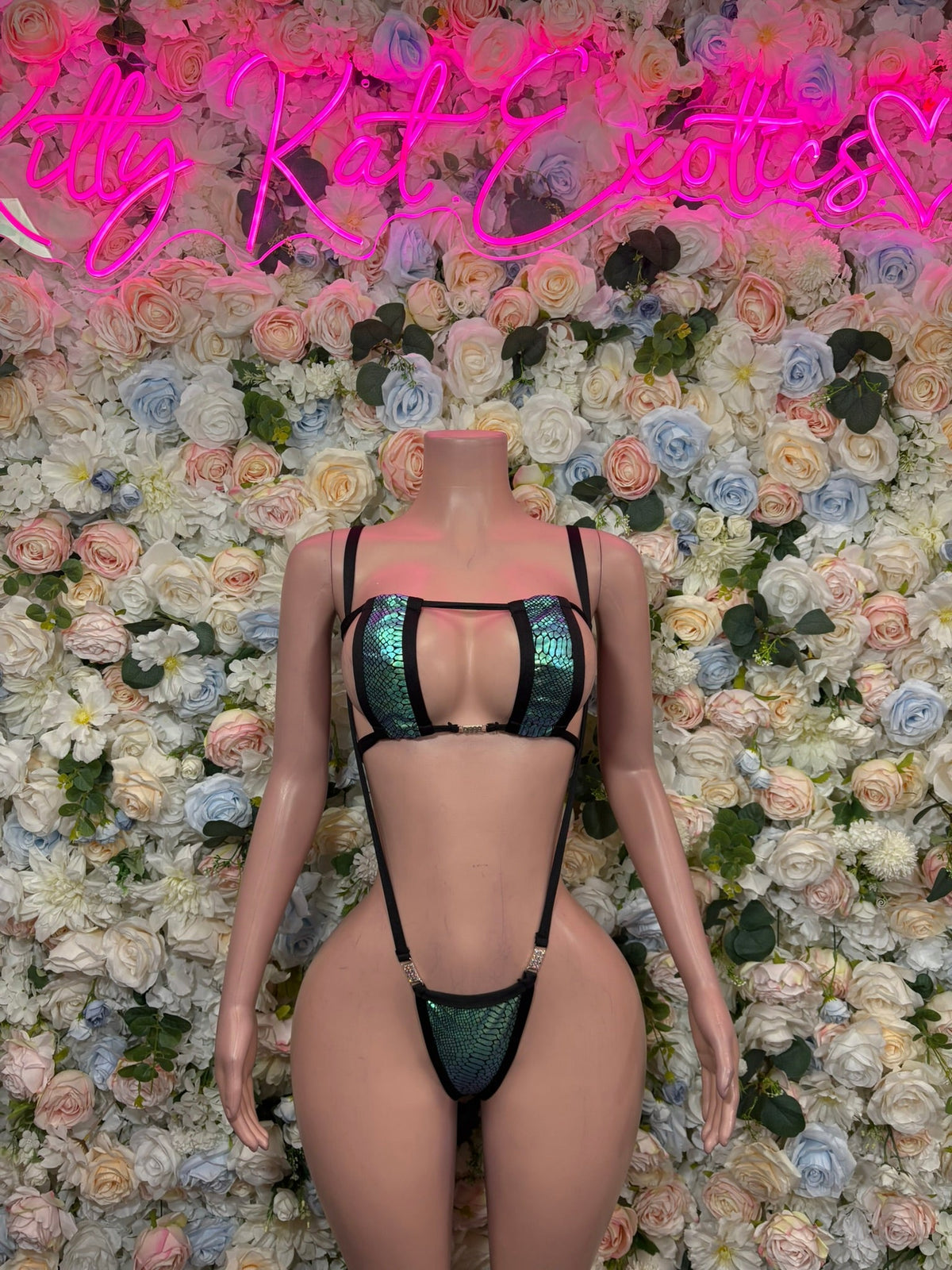 Teal Iridescent Cutout Rave Bodysuit front view