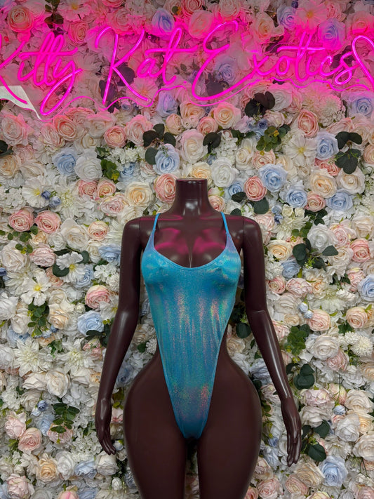 Teal bodysuit with ring cutout and thin straps, front view on mannequin