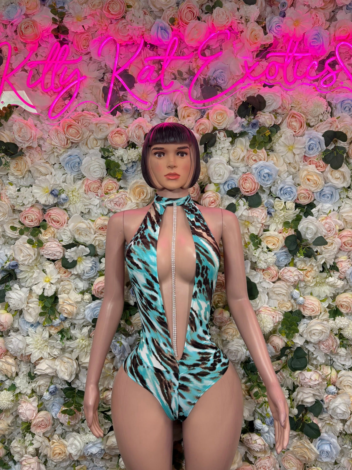 Teal Strappy Cutout Rave Bodysuit front view