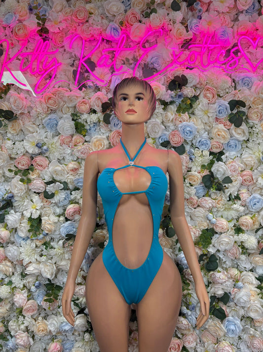 Teal plunge bodysuit with halter straps and open front cutout